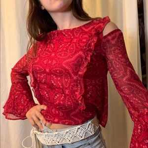 Bell Sleeve Cold-Shoulder Boho Patterned Blouse